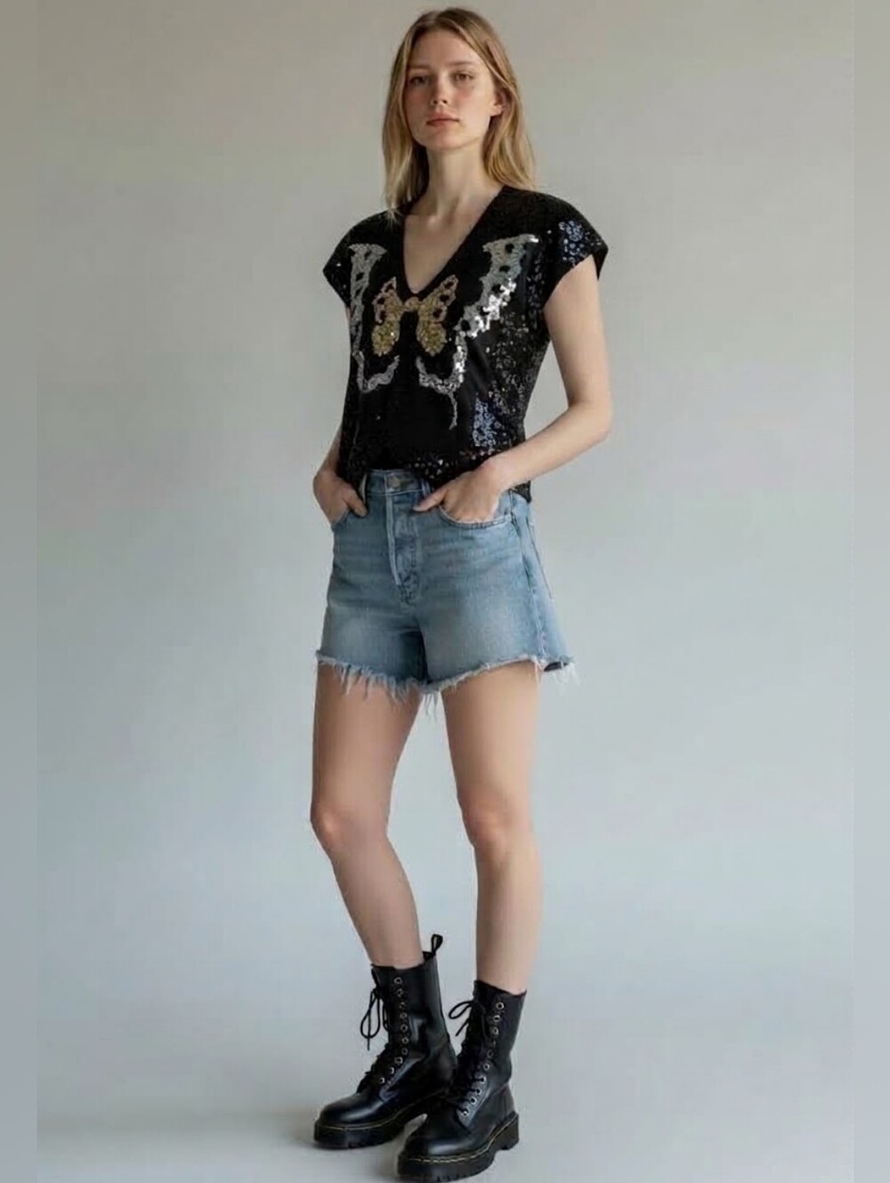 Vintage Sequin Butterfly Top LT La Joys Black Silver Gold M